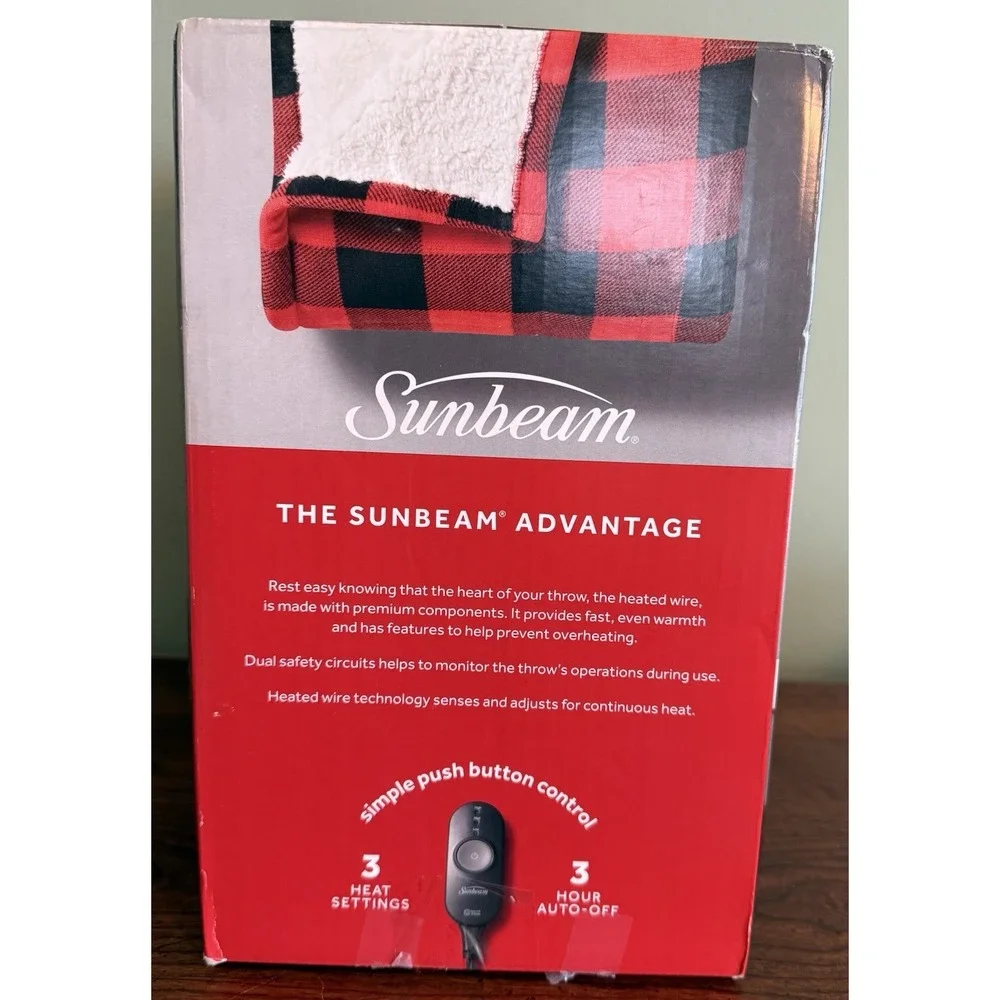 Sunbeam Electric Microplush SHERPA Heated Throw Blanket, Red Black Plaid 50 x 60